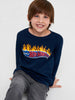 Child wearing a navy blue 'Hot Wheels' shirt with flames on a white background