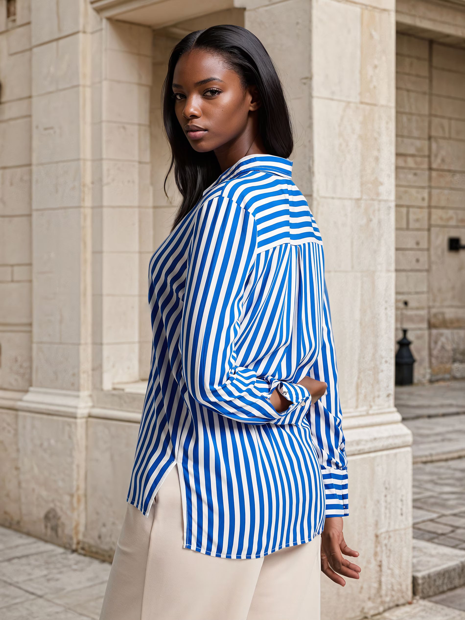 Sinsay Women's Blue & White Viscose Print Long Sleeve Shirt | Sinsay In Lebanon