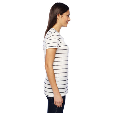 Woman wearing a white and black striped t-shirt on a white background