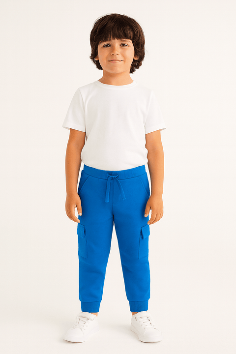 Child wearing a white t-shirt and blue cargo pants on a white background