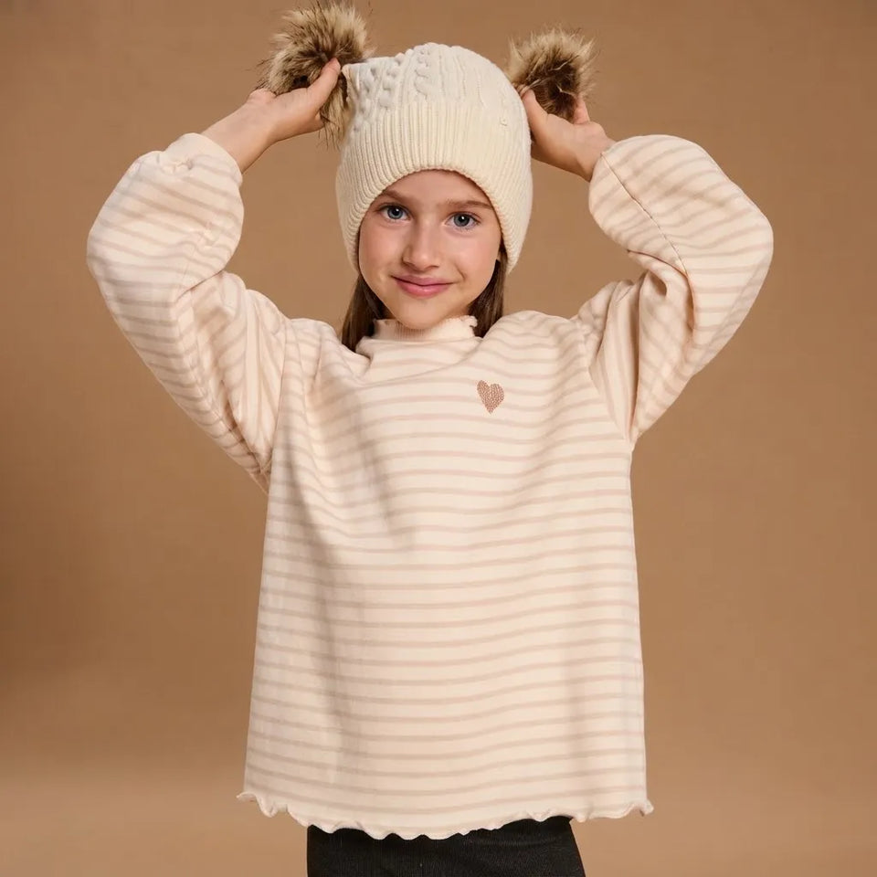 Sinsay Girl's Cream and Light Pink Horizontal Stripes Mock Neckline Sweatshirt