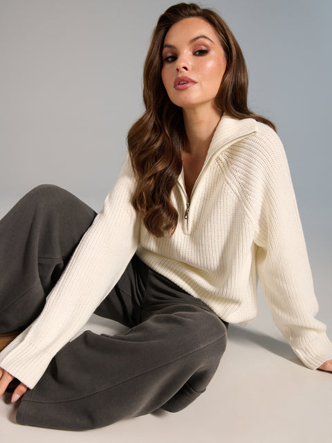 Sinsay Women's White Knitted 1/4 Zip Stand Up Collar Sweater|Sinsay In Lebanon