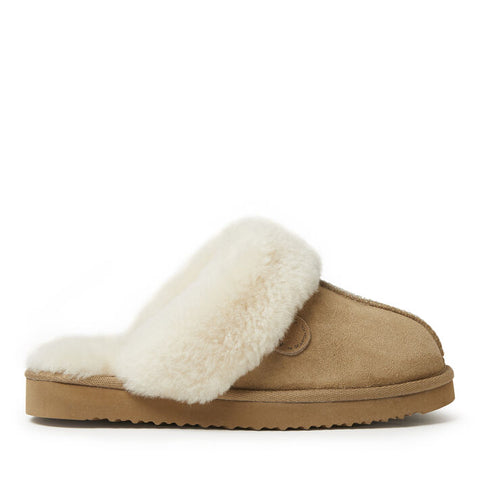 Tan slipper with white fur lining on a white background