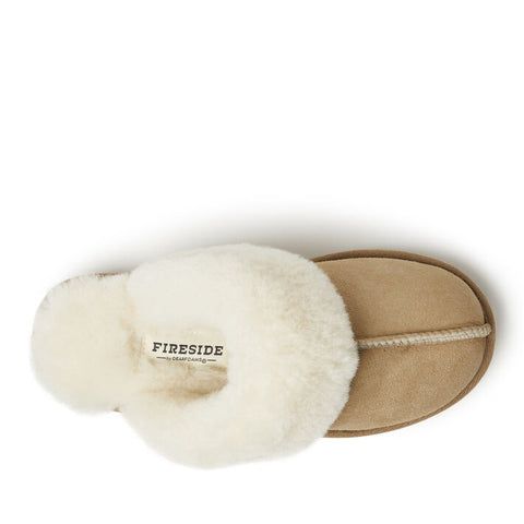 Pair of slippers with fluffy white interior and beige exterior on a white background