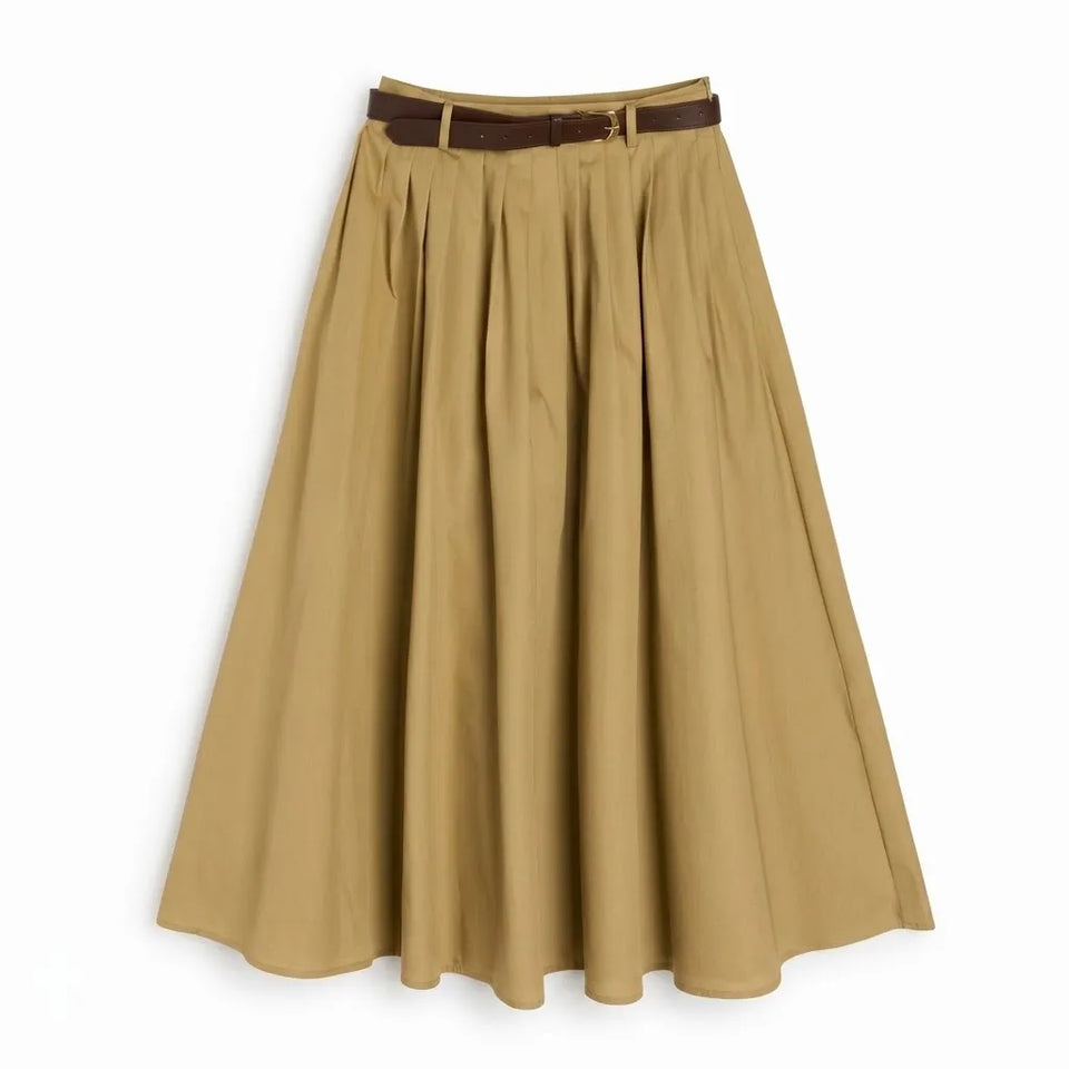 A pleated A-line skirt in tan with a dark brown belt, shown against a plain white background.