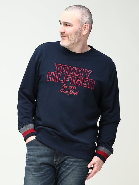 Man wearing a Tommy Hilfiger sweatshirt against a plain background