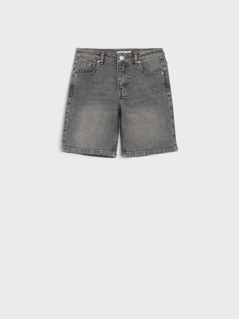 Gray denim shorts on a white background