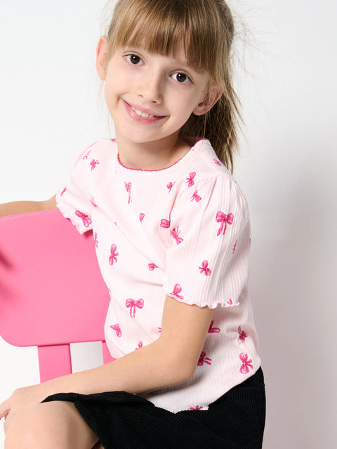 Sinsay Girl's Pink Printed Ribbed Knit T-Shirt | Sinsay In Lebanon