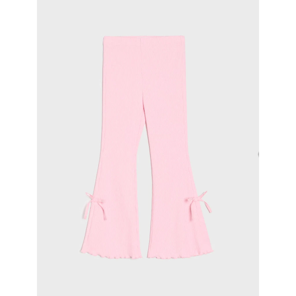 Light pink ribbed flare leggings with side tie details at the flared hems, shown flat against a light gray background.