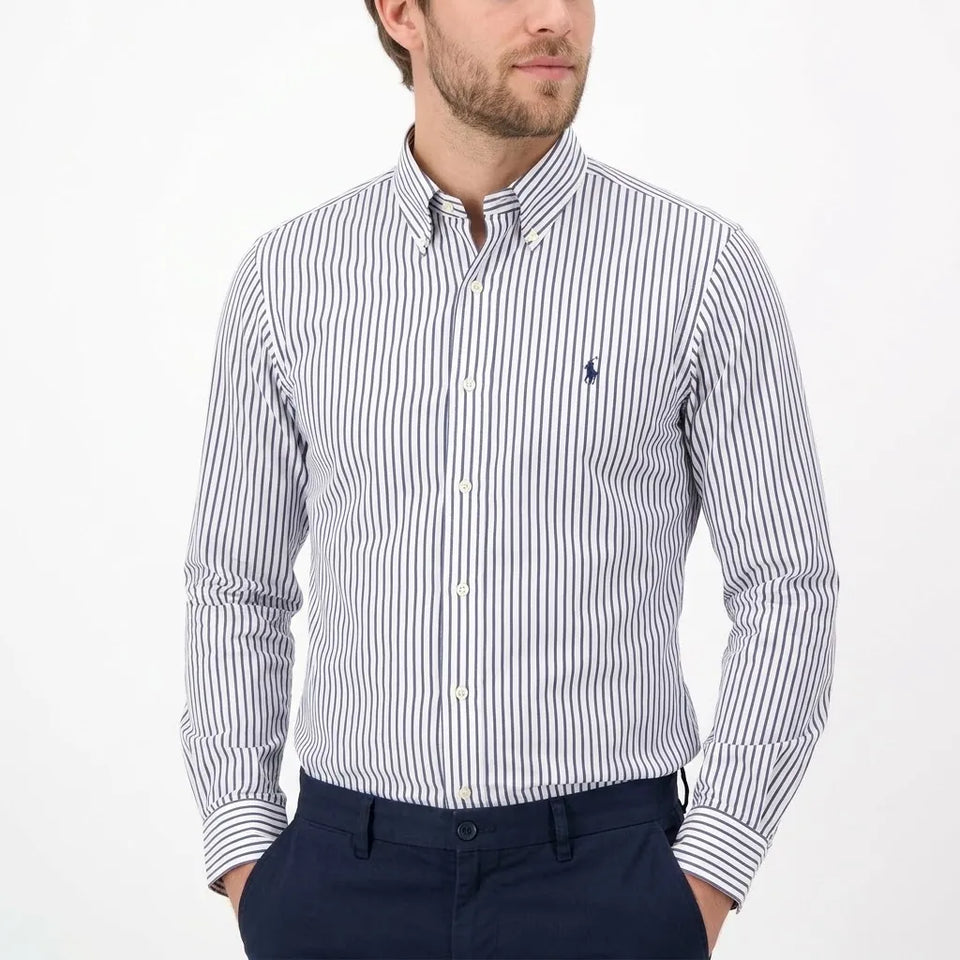 Polo Ralph Lauren Men's White Navy Vertical Stripes Long-Sleeve Shirt