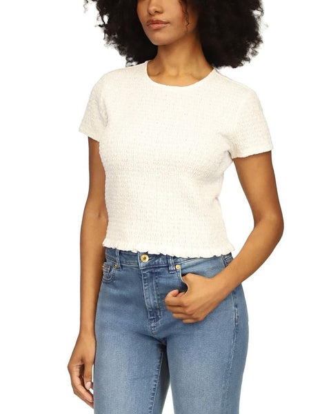 Michael Kors Women's White Crewneck Crinkle Smocked Blouse | Michael Kors In Lebanon