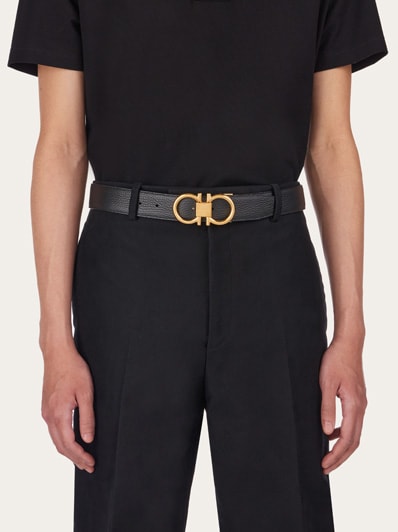 Ferragamo Men's Black & Brown Reversible Double-Gancini Leather Belt |Ferragamo In Lebanon