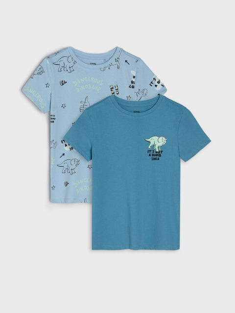 Two multicolor Sinsay boy's T-shirts, one with a dinosaur pattern and the other solid color, presented against a white background.