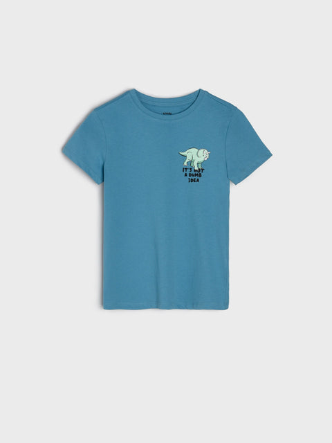 Blue t-shirt with a graphic design on a light gray background