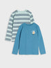 Two children's long-sleeve shirts, one striped and one solid blue with a graphic, on a light gray background.