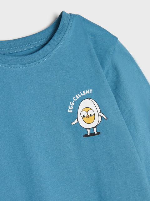 Blue t-shirt with a cartoon egg design and text on a white background