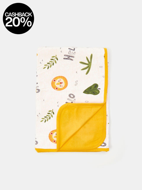 Baby blanket with animal illustrations and a yellow hood on a white background