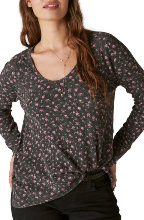 Lucky Brand Women's Gray Floral Printed Oversize Waffle Scoop Neck Blouse |Lucky Brand In Lebanon