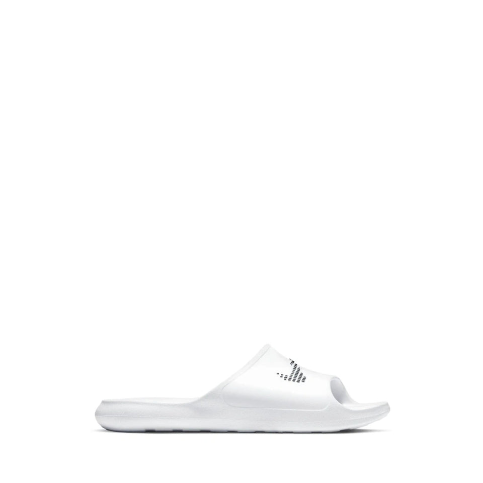 A single white Adidas slide sandal shown in a side profile view against a solid white background.