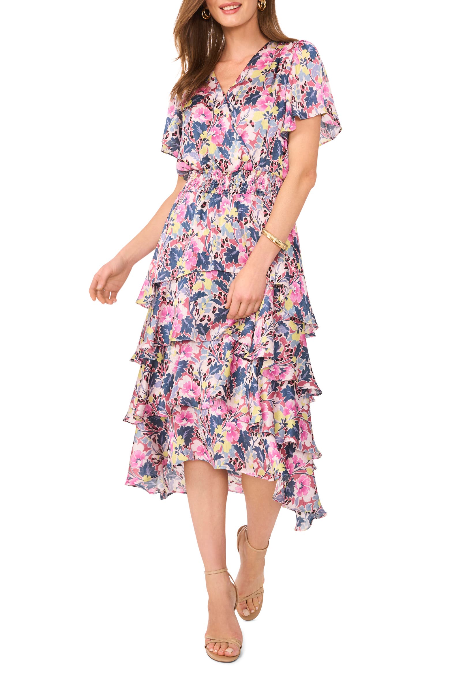 Vince Camuto Women's Multicolor Floral Flutter Sleeve Tiered Satin Midi Dress|Vince Camuto In Lebanon