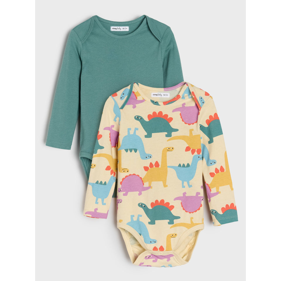 Two long-sleeve baby bodysuits from Babybugz, one in solid teal green and the other in cream with a colorful dinosaur print, displayed on a light gray background.