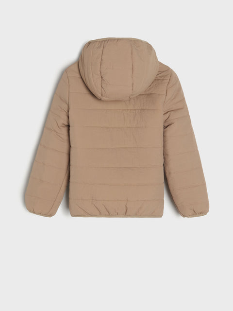 Beige puffer jacket with a hood on a white background