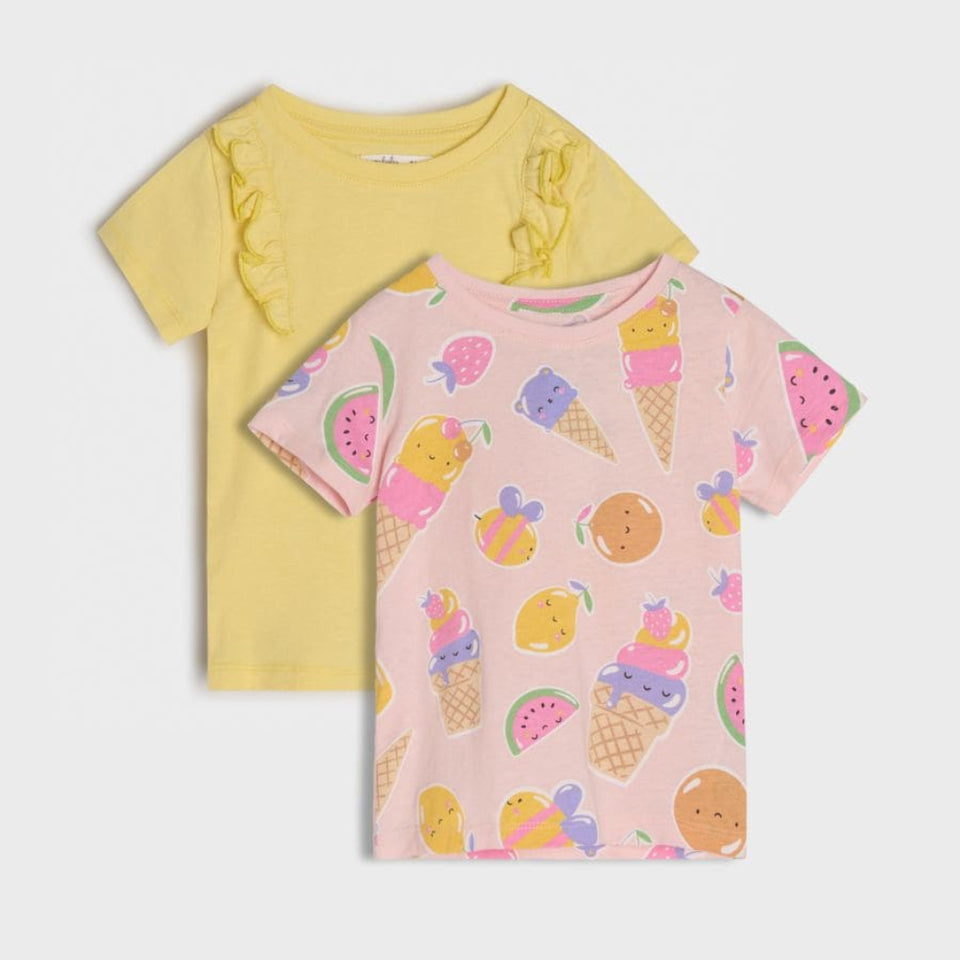 Two short-sleeve children's T-shirts shown flat on a light gray background. The back shirt is pale yellow with ruffle trim along the collar and sleeves.