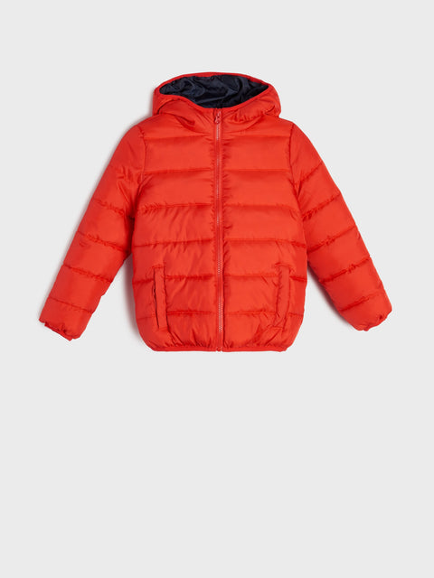 Red puffer jacket on a light gray background