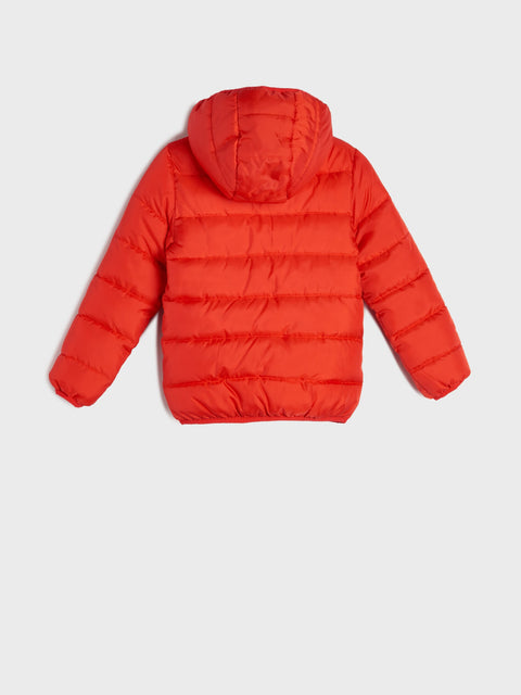 Red puffer jacket on a light gray background