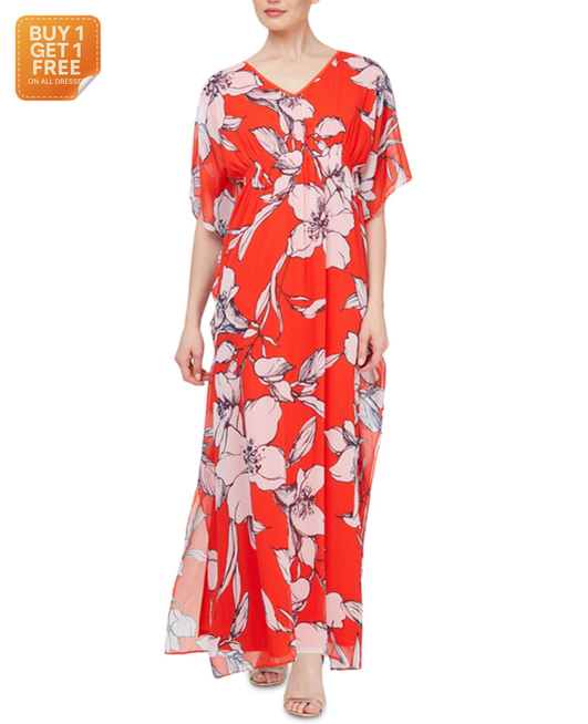 SLNY Women's Red Floral Print Maxi Kaftan Dress |SLNY In Lebanon