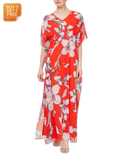 SLNY Women's Red Floral Print Maxi Kaftan Dress |SLNY In Lebanon