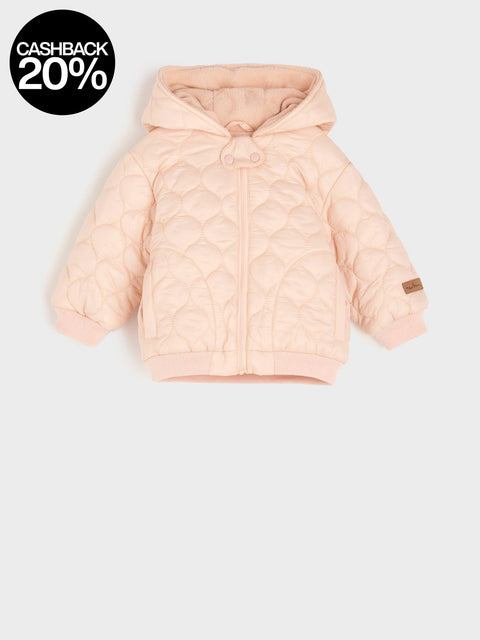 Pink quilted jacket on a light gray background