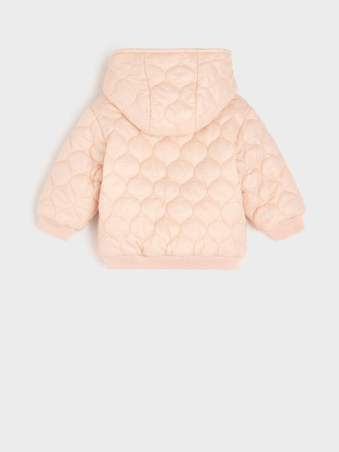 Pink quilted jacket on a light gray background