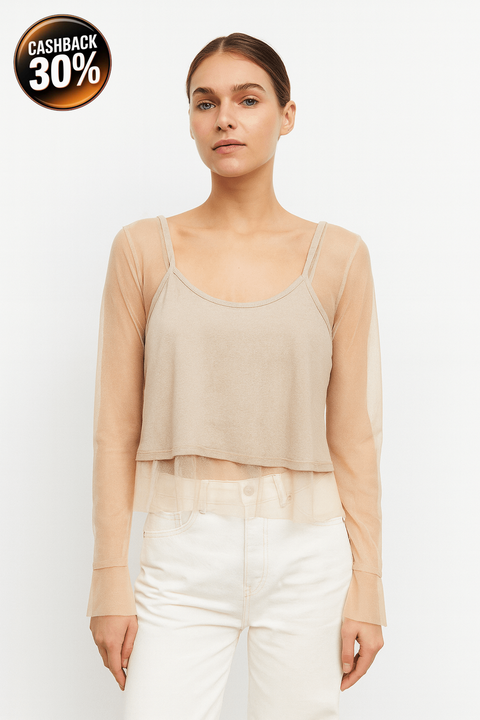 Mango Women's Gold Long-Sleeve Soft Tulle Blouse| Mango in Lebanon