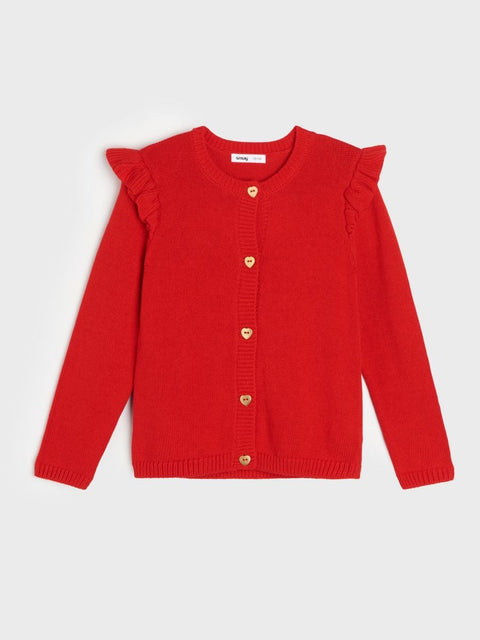Red cardigan with ruffled shoulders on a white background