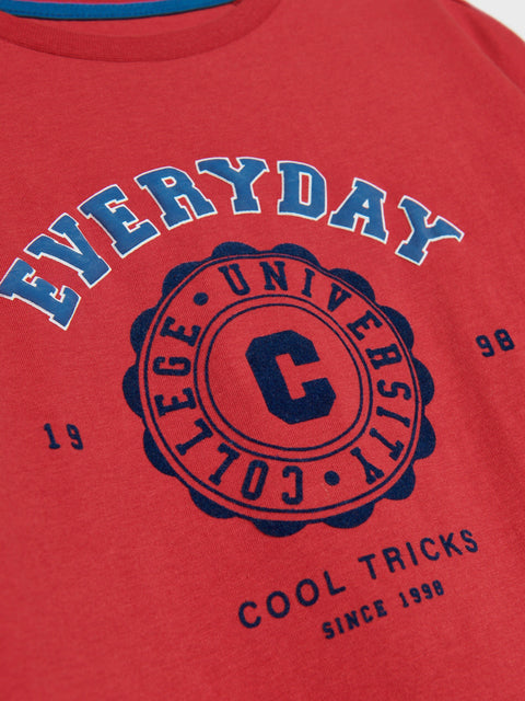 Red t-shirt with 'EVERYDAY UNIVERSITY COLLEGE' print on a white background