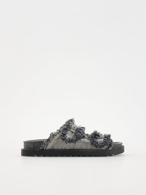 Gray slide sandal with decorative elements on a white background