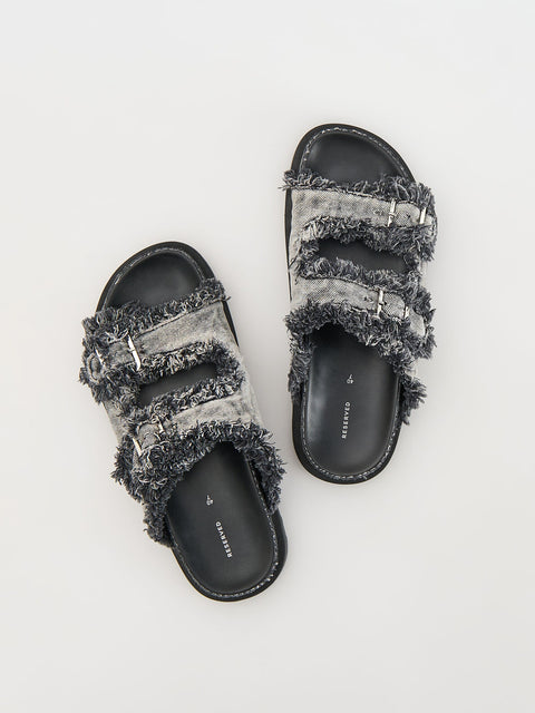 Reserved Women's Washed Black Buckled Denim Flip-Flop Slippers | Reserved In Lebanon