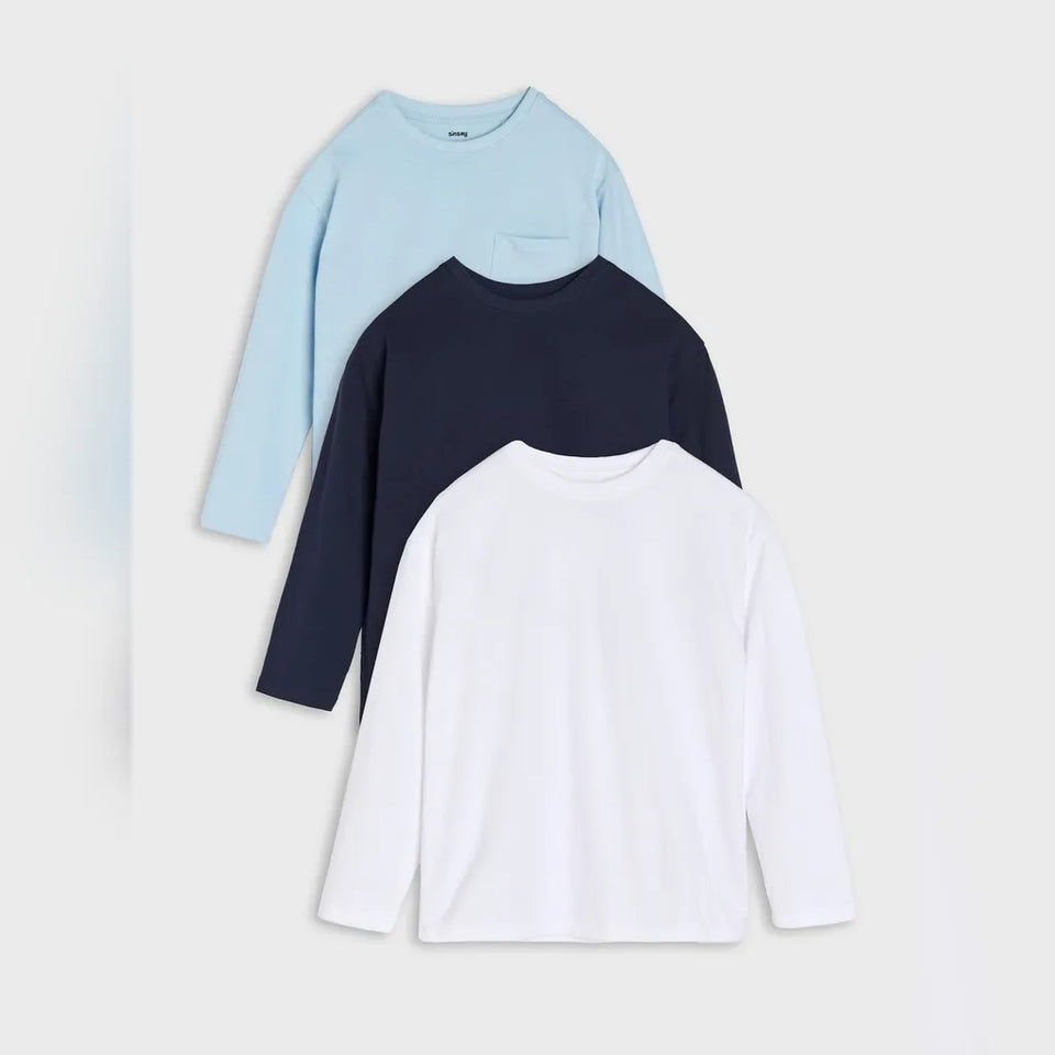 Three long-sleeve crewneck shirts stacked in a fan arrangement on a light gray background. The shirts are white, navy blue, and light blue, with the navy shirt showing a small chest pocket.