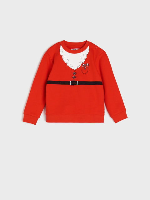 Red sweater with a white collar and black belt on a light gray background