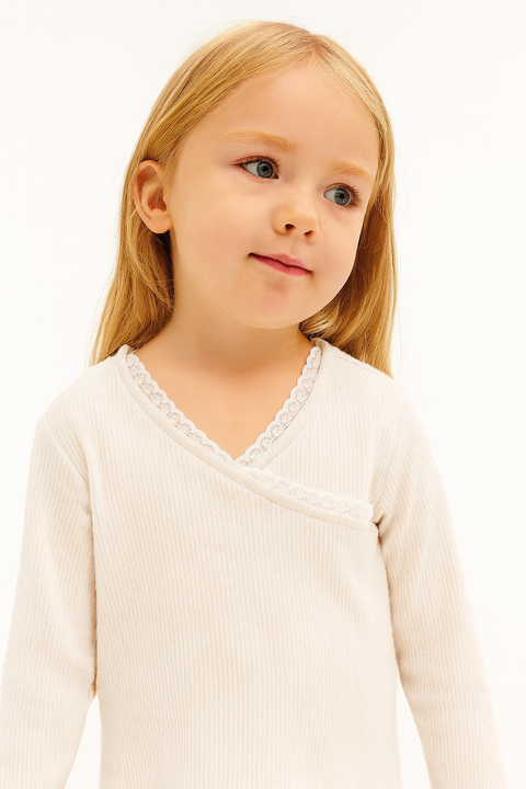 Reserved Baby Girl's Light Beige V-Neck Lace-trim Long Sleeve Blouse | Reserved In Lebanon