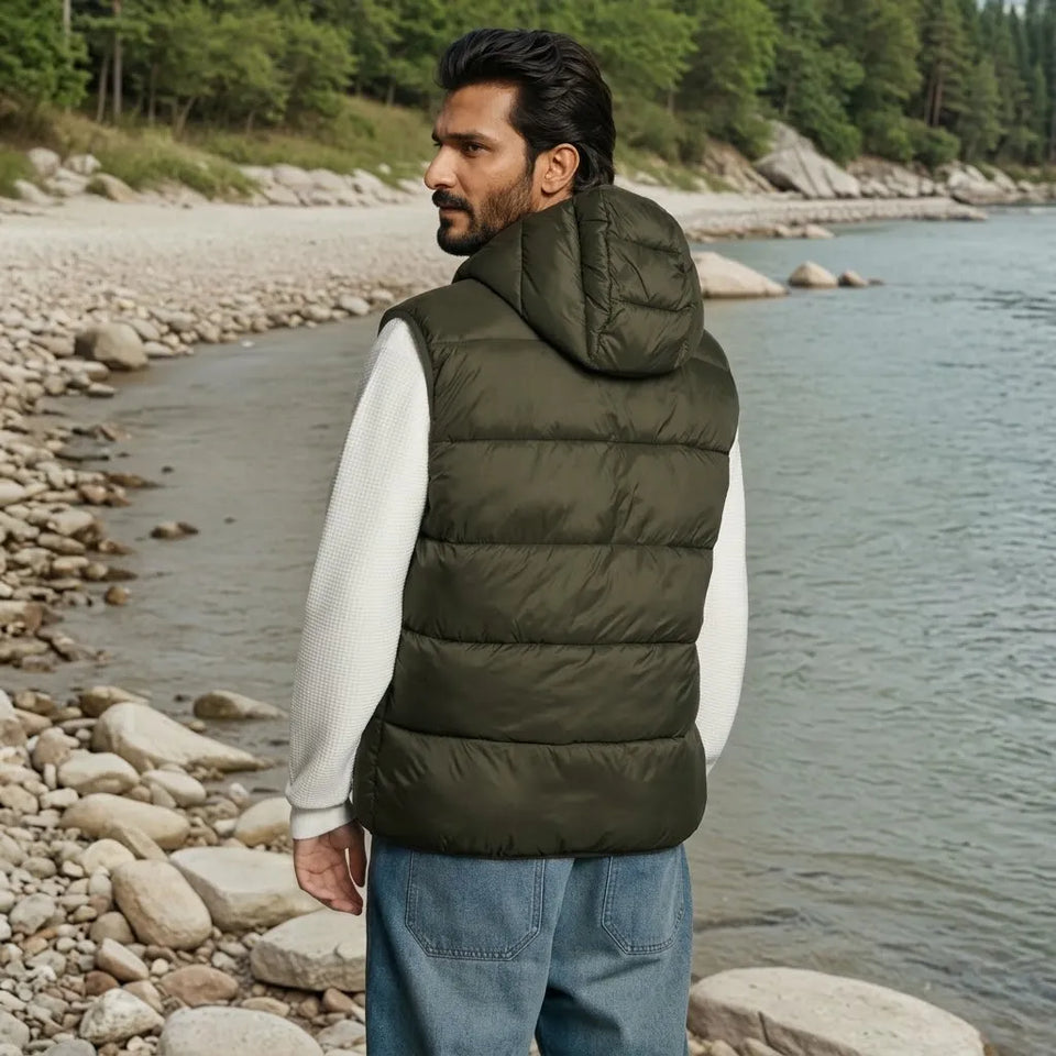 Sinsay Men's Olive Quilted Design Hooded Vest