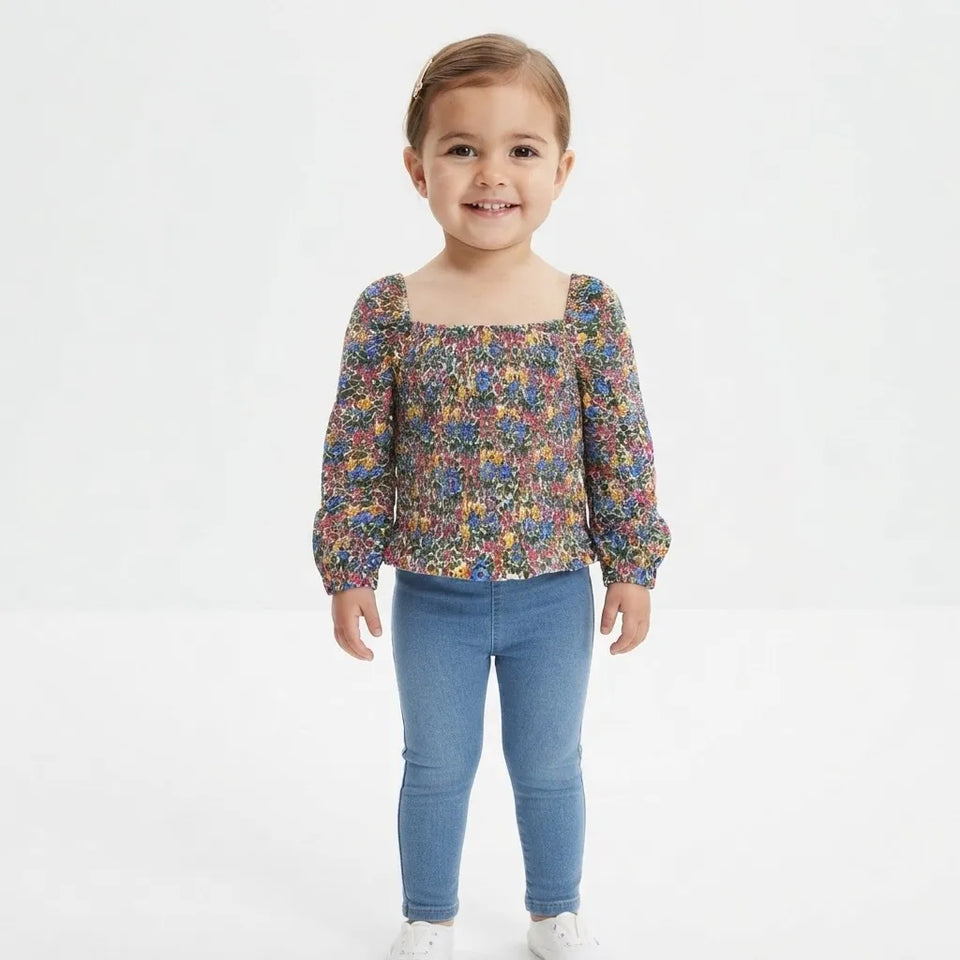 Polo Ralph Lauren Girl's Multicolor Floral Print Square-Neck Long-Sleeve Blouse