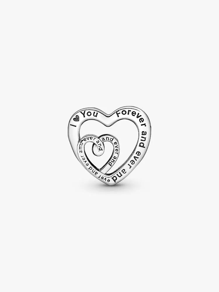 Silver heart-shaped charm with 'I love you forever' text on a white background