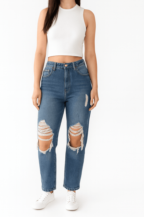 Forever 21 Women's Blue Wild Leg Knee Ripped Jeans | Forever 21 In Lebanon