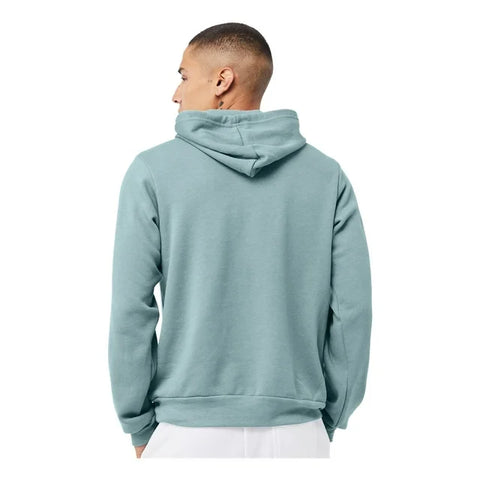 Person wearing a light blue hoodie from behind on a white background