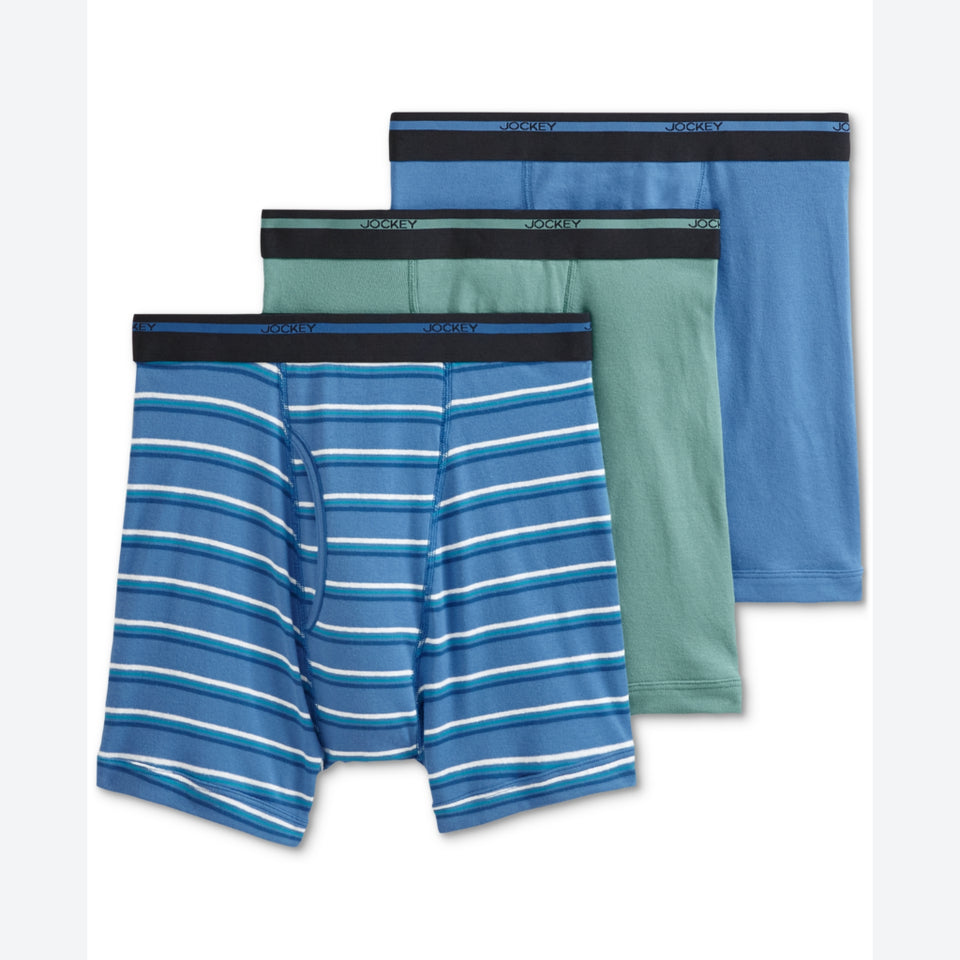 Three pairs of men's boxer briefs from Goodv, arranged in a stacked fan layout on a white background. The front pair is blue with thin white and light blue horizontal stripes and a black waistband.