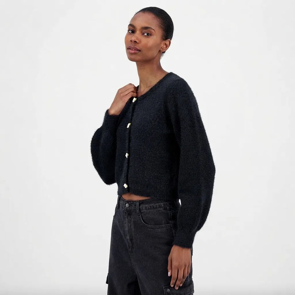 Madden Girl Women's Black Eyelash Rose Button Cropped Sweater