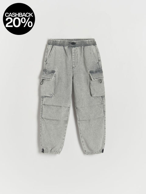 Gray cargo pants on a light gray background
