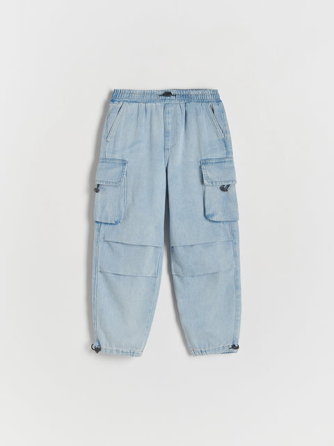 Light blue cargo pants on a white background